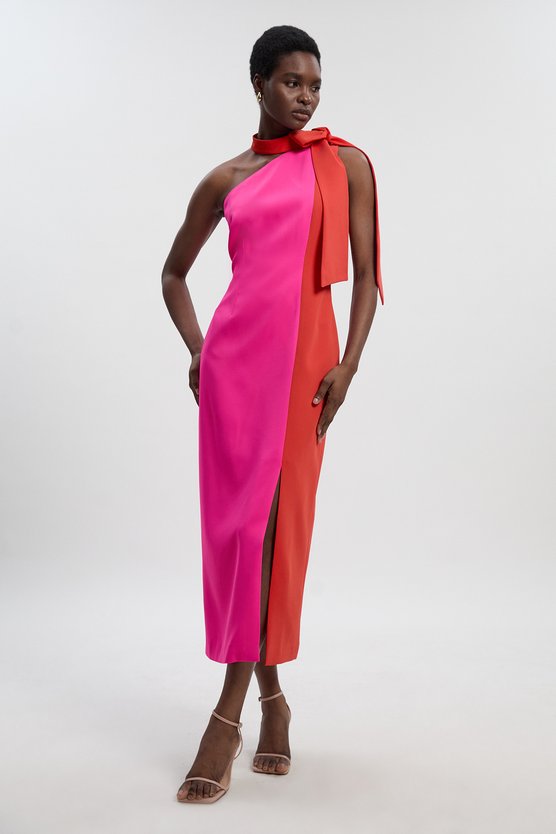 Karen Millen Petite Soft Tailored Colour Block Bow Tie Neck Midi Dress Red