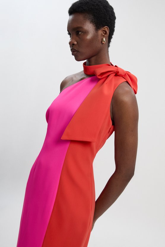 Karen Millen Petite Soft Tailored Colour Block Bow Tie Neck Midi Dress Red