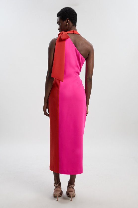 Karen Millen Petite Soft Tailored Colour Block Bow Tie Neck Midi Dress Red