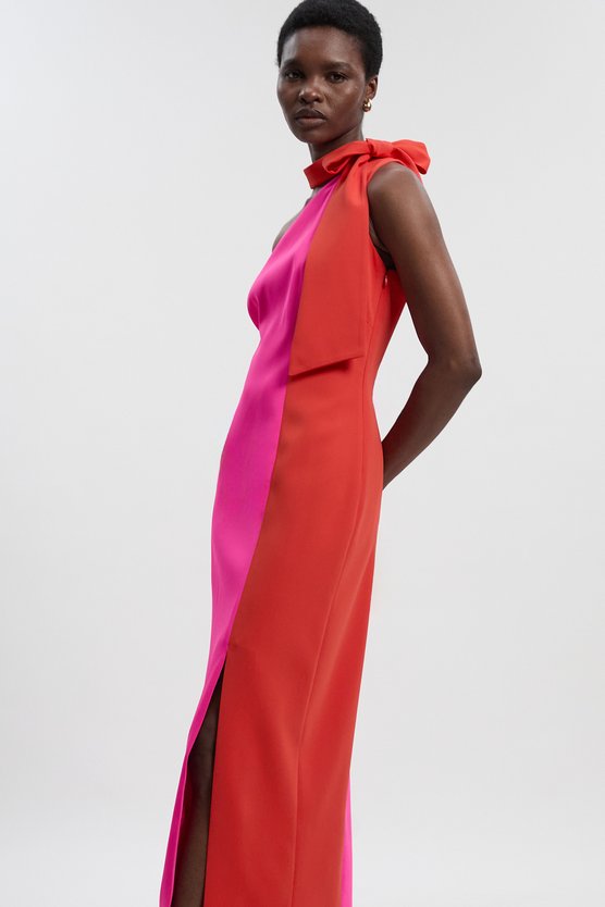 karen millen Petite Soft Tailored Colour Block Bow Tie Neck Midi Dress red