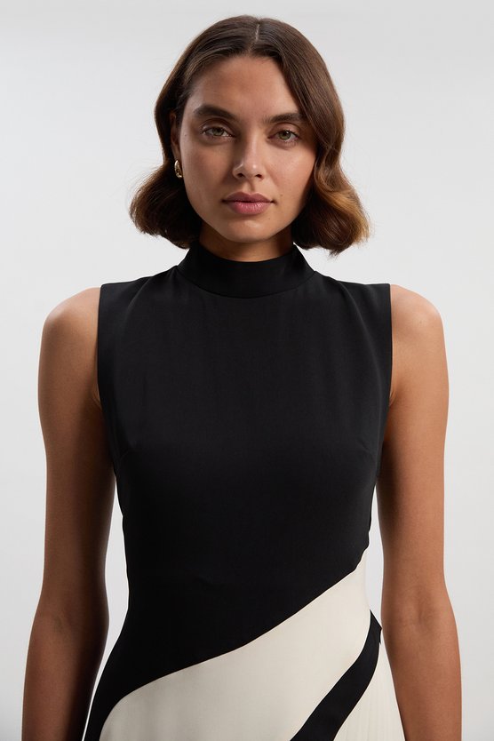 Karen Millen Petite Soft Tailored Colour Block High Neck Pleated Midi Dress Mono