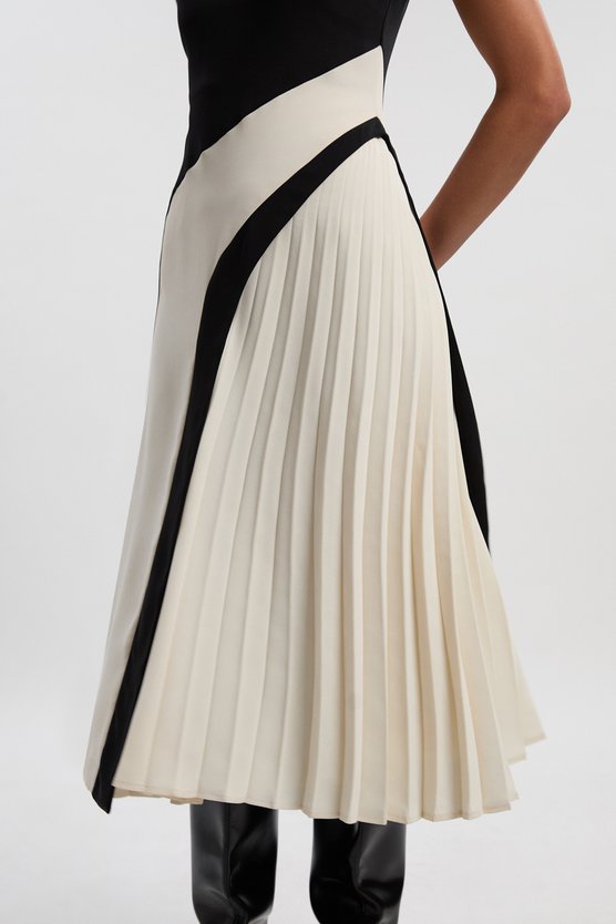 Karen Millen Petite Soft Tailored Colour Block High Neck Pleated Midi Dress Mono