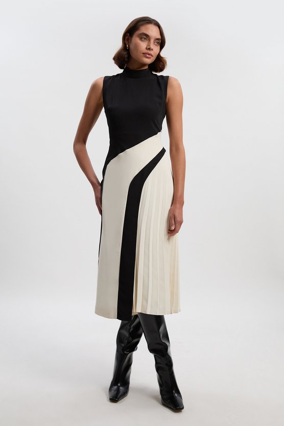 karen millen Petite Soft Tailored Colour Block High Neck Pleated Midi Dress mono