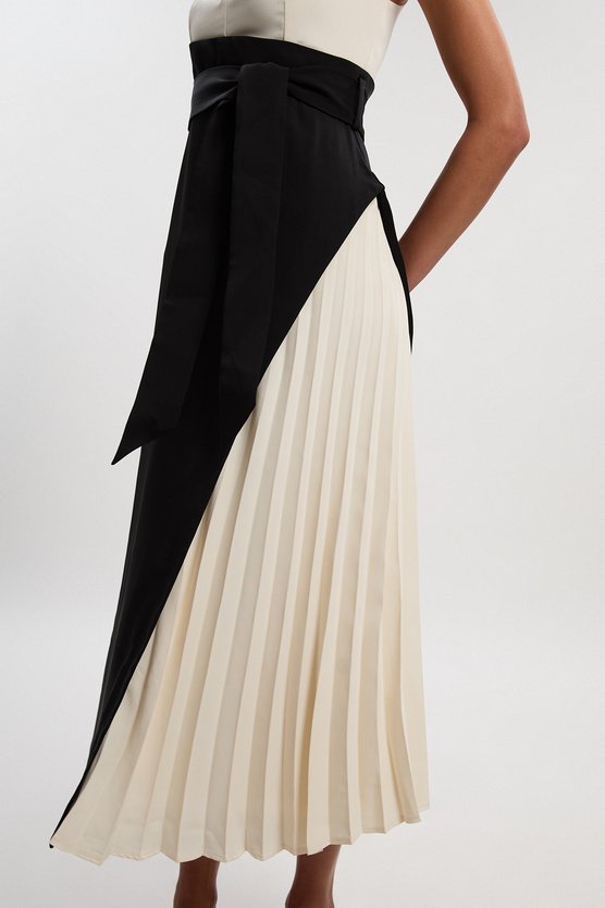 Karen Millen Petite Soft Tailored Colour Block Side Pleated Midi Dress Mono