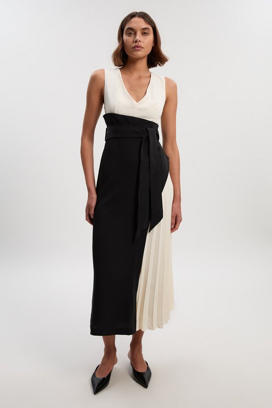 karen millen Petite Soft Tailored Colour block Side Pleated Midi Dress mono