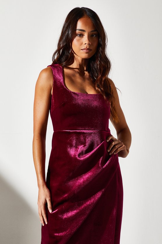Karen Millen Petite Square Neck Bonded Velvet Pencil Dress Berry