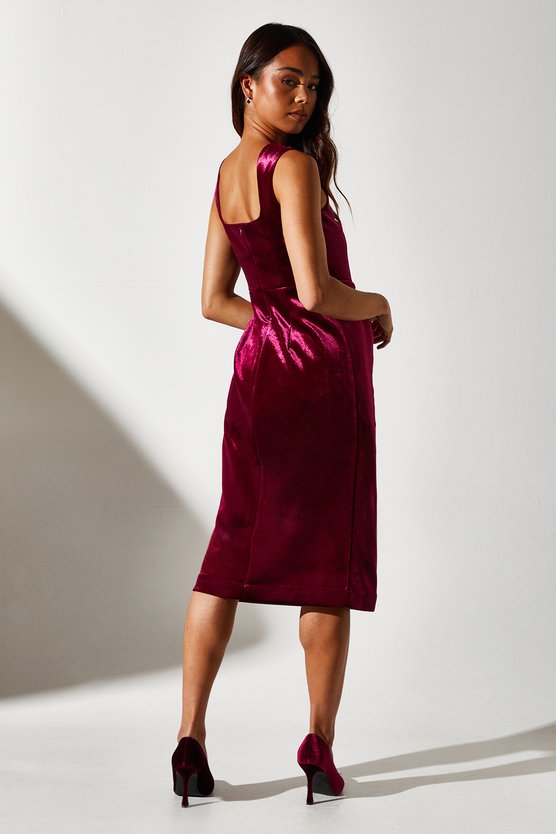 Karen Millen Petite Square Neck Bonded Velvet Pencil Dress Berry