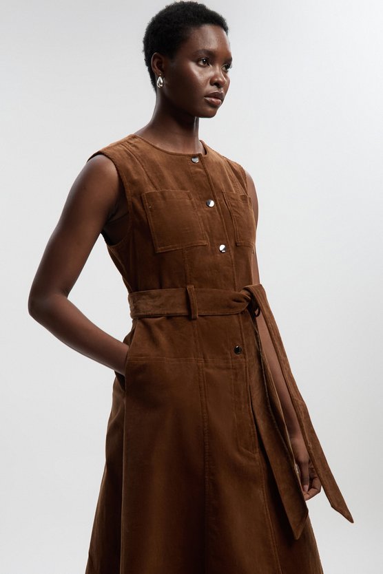 Karen Millen Petite Stretch Cord Belted Midi Dress Tan