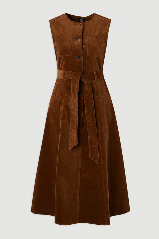 Karen Millen Petite Stretch Cord Belted Midi Dress Tan