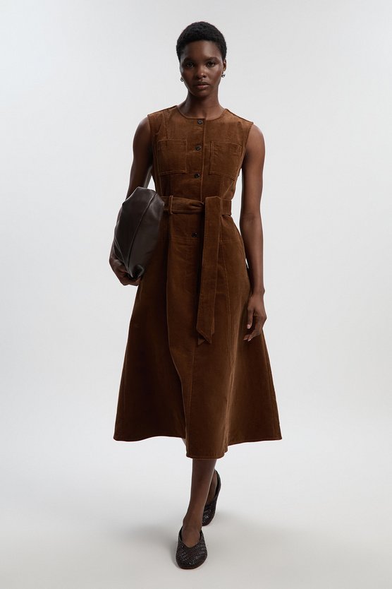 karen millen Petite Stretch Cord Belted Midi Dress tan