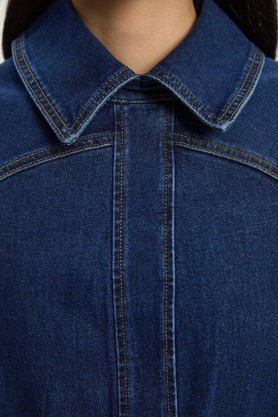 Karen Millen Petite Stretch Denim Tab Belt Detail Midi Dress Mid Wash