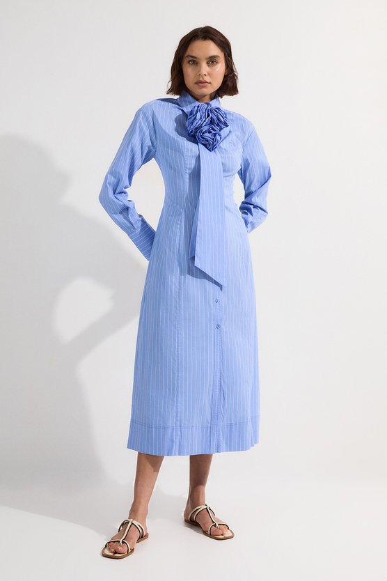 Karen Millen Petite Stripe Cotton Rosette Woven Shirt Maxi Dress Blue