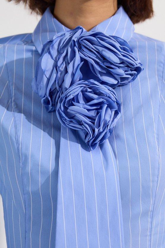 Karen Millen Petite Stripe Cotton Rosette Woven Shirt Maxi Dress Blue