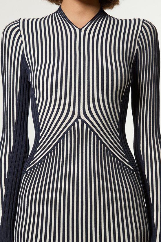 Karen Millen Petite Stripe Fitted Long Sleeve Knitted Midi Dress Navy