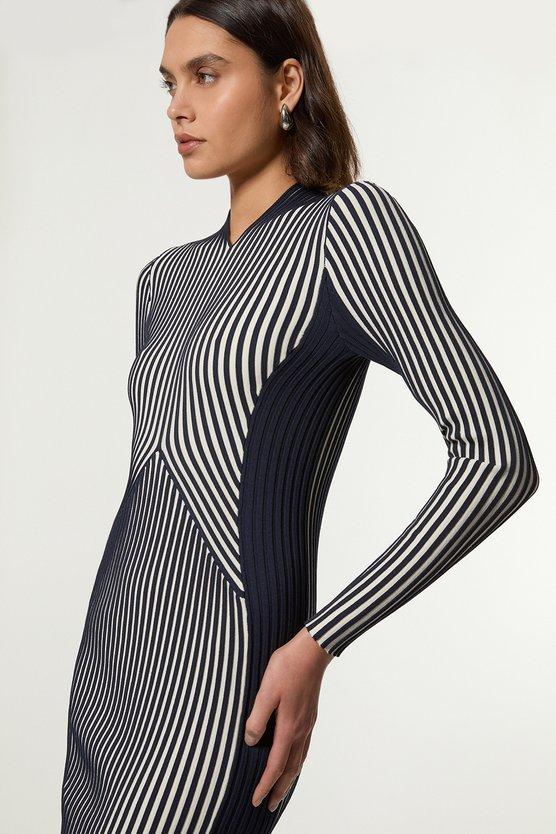 Karen Millen Petite Stripe Fitted Long Sleeve Knitted Midi Dress Navy