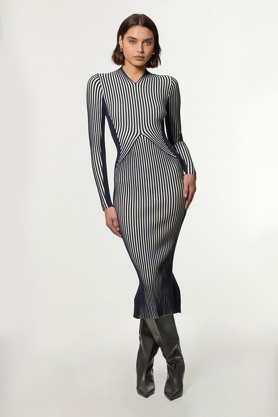karen millen Petite Stripe Fitted Long Sleeve Knitted Midi Dress navy