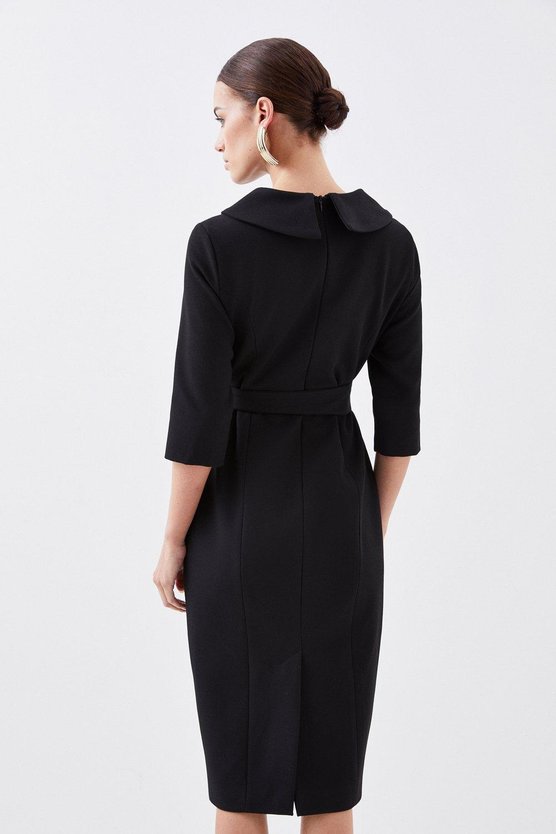 Karen Millen Petite Structured Crepe Roll Neck Belted Tailored Midi Dress Black