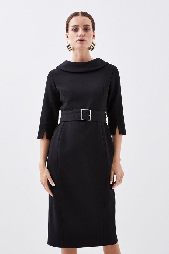 karen millen Petite Structured Crepe Roll Neck Belted Tailored Midi Dress black