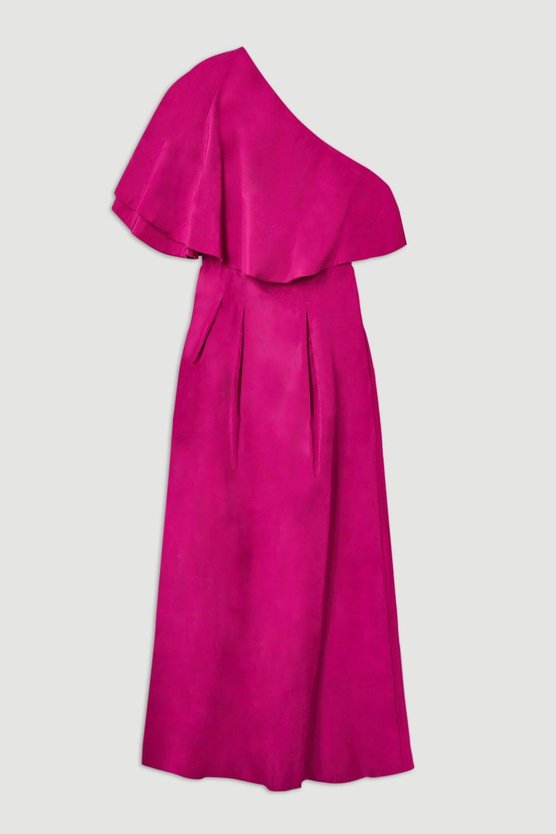 Karen Millen Petite Taffeta One Shoulder Ruffle Midi Dress Champagne