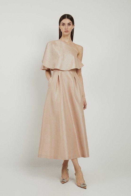 karen millen Petite Taffeta One Shoulder Ruffle Midi Dress champagne