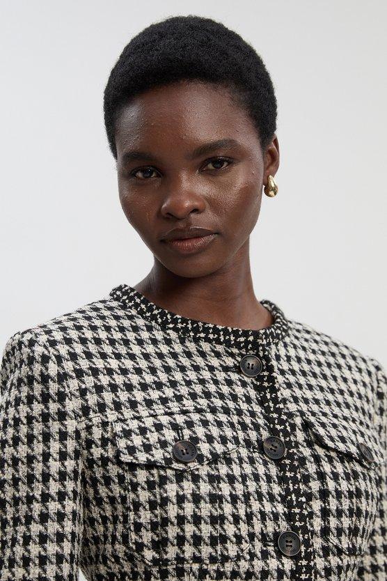 Karen Millen Petite Tailored Check Contrast Sleeve Pocket Front Midi Dress Multi