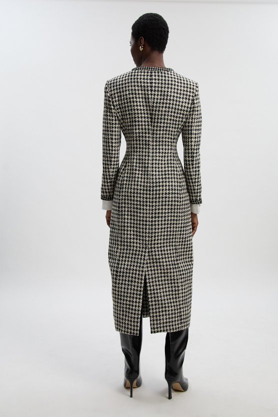 Karen Millen Petite Tailored Check Contrast Sleeve Pocket Front Midi Dress Multi