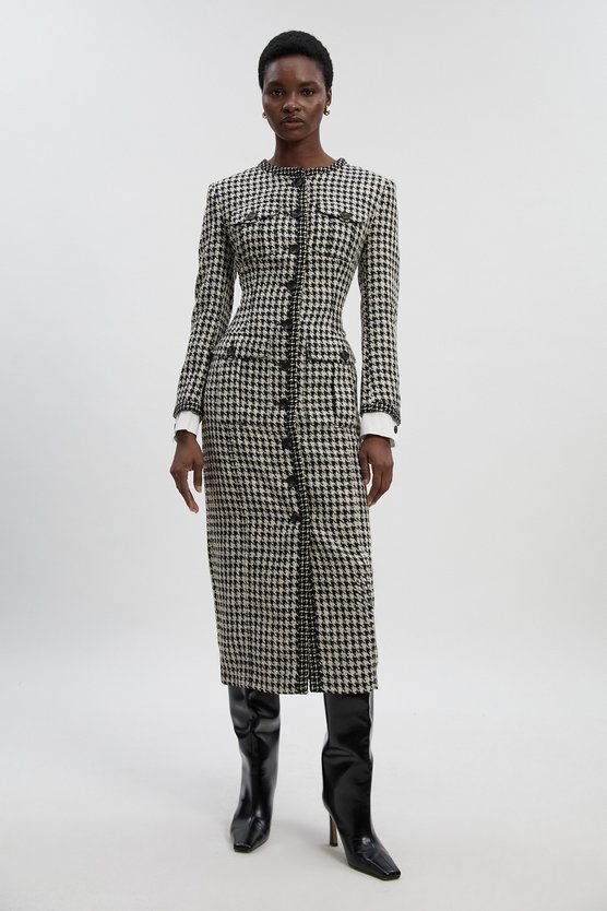 karen millen Petite Tailored Check Contrast Sleeve Pocket Front Midi Dress multi