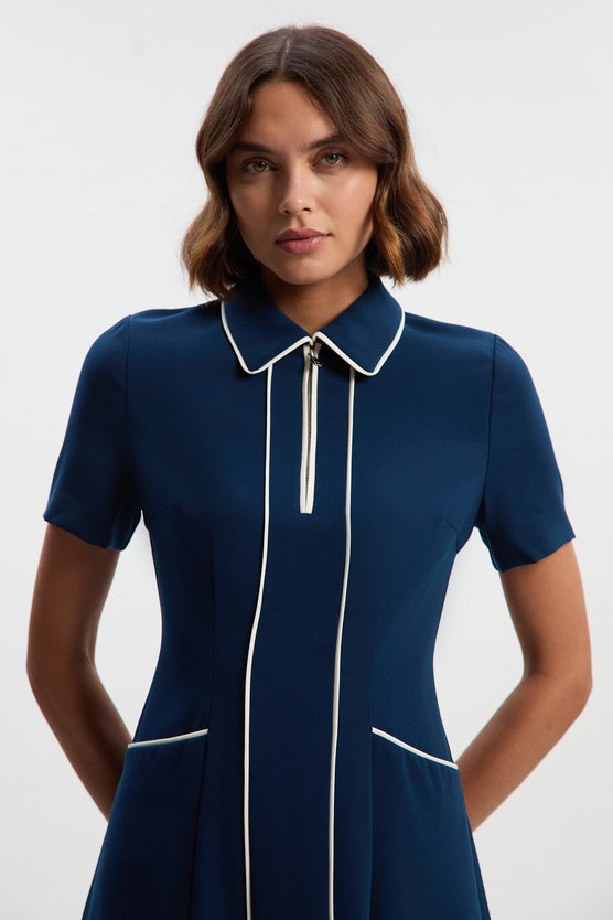Karen Millen Petite Tailored Crepe Tipped Tailored Midi Shirt Dress Navy