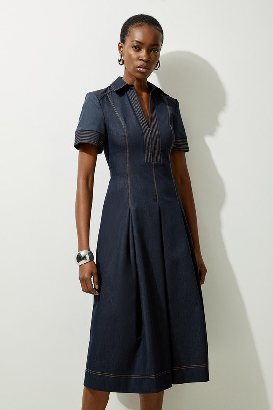 karen millen Petite Tailored Denim Full Skirted Midi Shirt Dress indigo