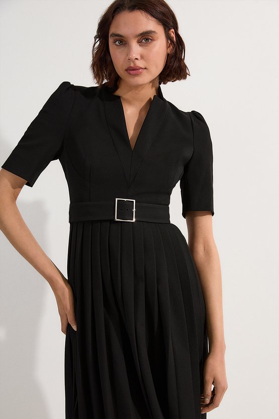 Karen Millen Petite Tailored Structured Crepe Forever Pleat Midi Dress Black