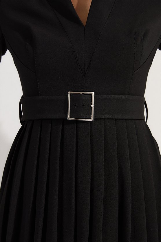 Karen Millen Petite Tailored Structured Crepe Forever Pleat Midi Dress Black