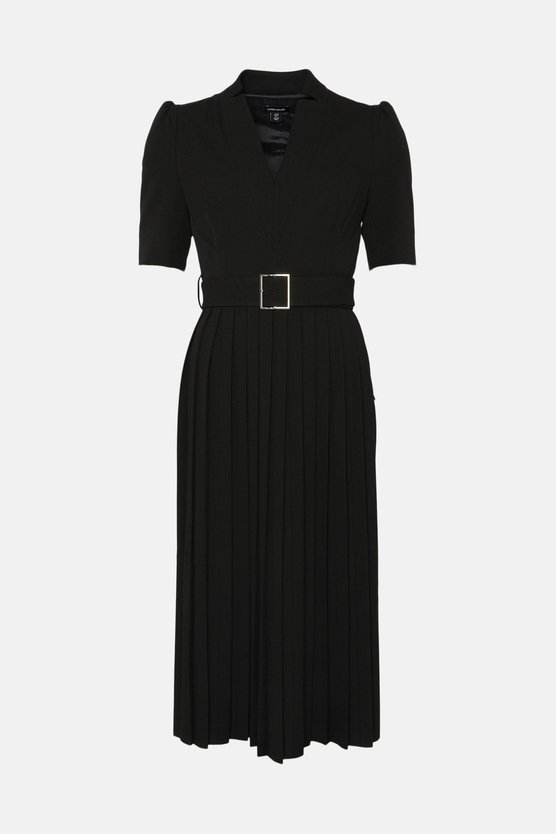 Karen Millen Petite Tailored Structured Crepe Forever Pleat Midi Dress Black