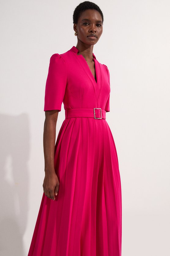 Karen Millen Petite Tailored Structured Crepe Forever Pleat Midi Dress Magenta