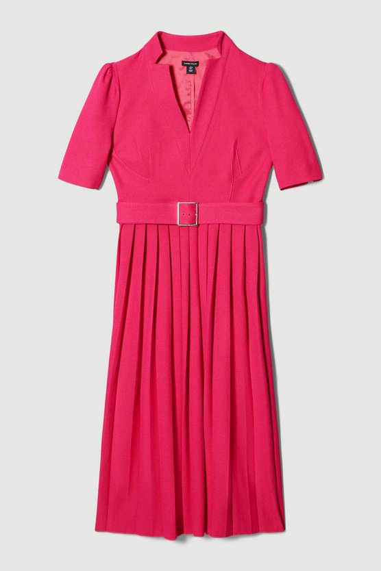Karen Millen Petite Tailored Structured Crepe Forever Pleat Midi Dress Magenta