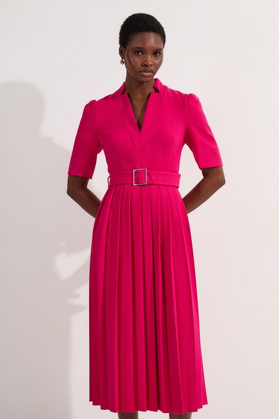 karen millen Petite Tailored Structured Crepe Forever Pleat Midi Dress magenta
