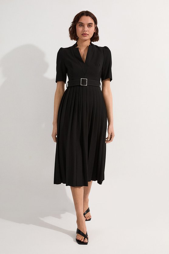 karen millen Petite Tailored Structured Crepe Forever Pleat Midi Dress black