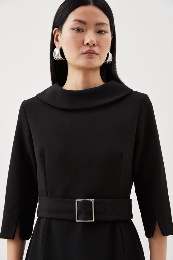 Karen Millen Petite Tailored Structured Crepe Roll Neck Pencil Midi Dress Black