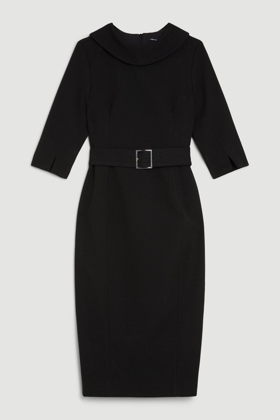 Karen Millen Petite Tailored Structured Crepe Roll Neck Pencil Midi Dress Black