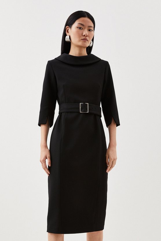 karen millen Petite Tailored Structured Crepe Roll Neck Pencil Midi Dress black