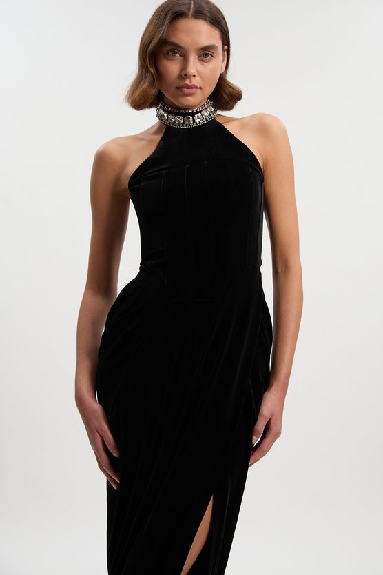 karen millen Petite Tailored Velvet Halter Embellished Neck Midi Dress black