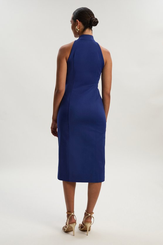 Karen Millen Petite Techno Cotton Halter Neck Zip Detail Woven Midi Dress Cobalt