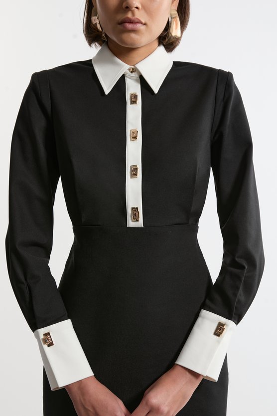 Karen Millen Petite Techno Cotton Woven Maxi Shirt Dress With Gold Clasps Mono