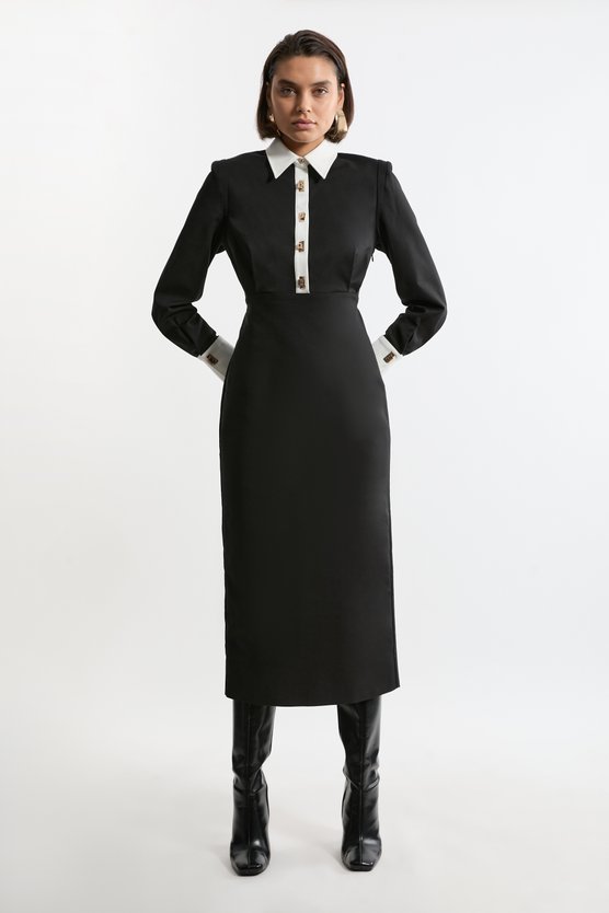 karen millen Petite Techno Cotton Woven Maxi Shirt Dress With Gold Clasps mono