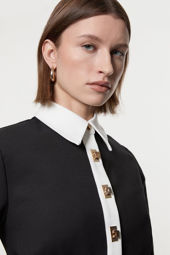 Karen Millen Petite Techno Cotton Woven Mini Dress With Gold Clasp Mono