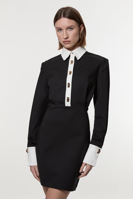 karen millen Petite Techno Cotton Woven Mini Dress With Gold Clasp mono