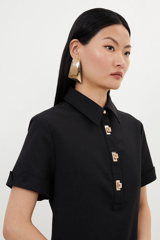 Karen Millen Petite Techno Cotton Woven Short Dress With Gold Clasps Black