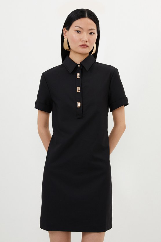 karen millen Petite Techno Cotton Woven Short Dress With Gold Clasps black