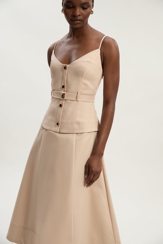 Karen Millen Petite Techno Strappy Belted Hardware Detail Woven Midi Dress Stone