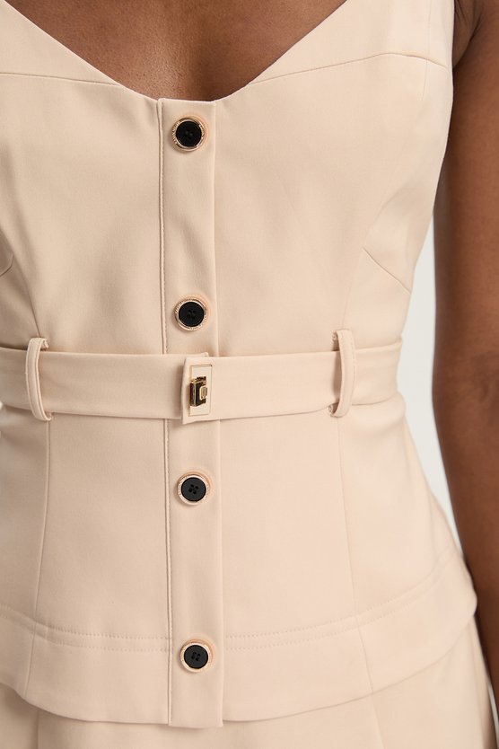 Karen Millen Petite Techno Strappy Belted Hardware Detail Woven Midi Dress Stone