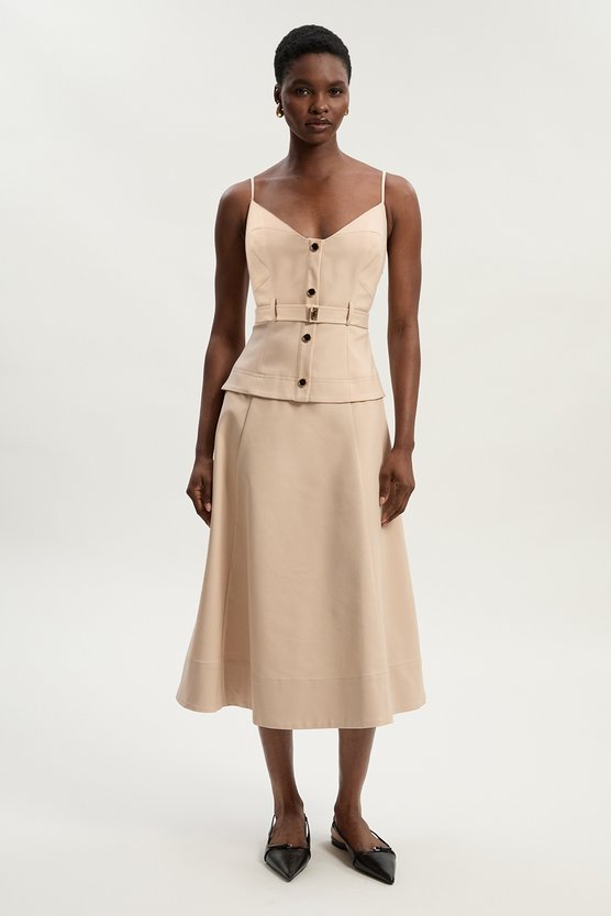 karen millen Petite Techno Strappy Belted Hardware Detail Woven Midi Dress stone